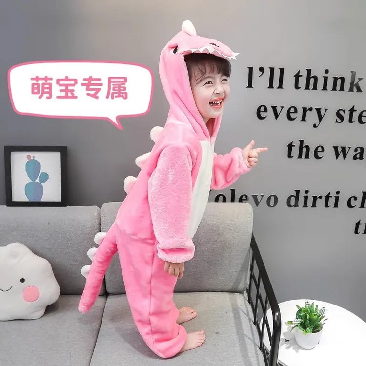 萌宝小女童连体睡衣秋冬女孩法兰绒可爱卡通恐龙儿童可外穿家居服