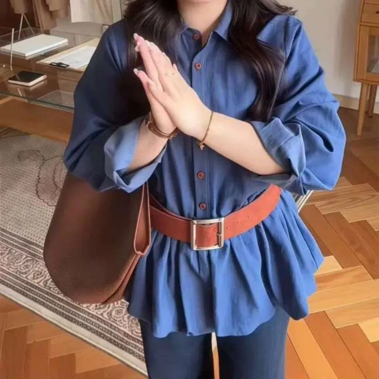 韩系减龄花苞仿牛仔衬衫女秋季新款显瘦遮肉长袖上衣