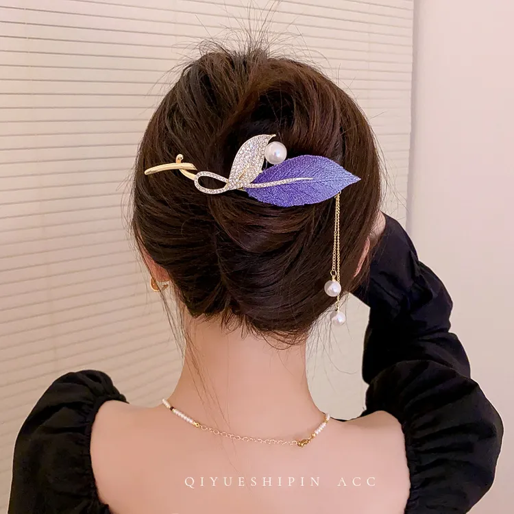 刺绣叶子流苏发夹女气质盘发古风大号一字夹精致后脑勺扭扭夹头饰