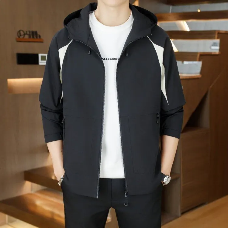 时尚连帽拼色三防面料透气夹克2025春秋新款休闲运动百搭潮流外套