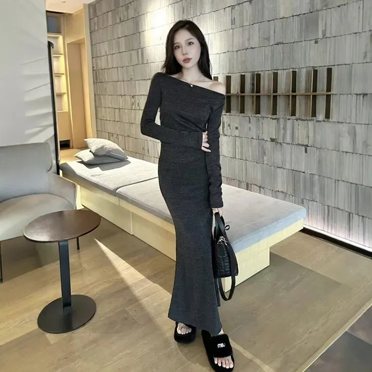 田姜女装2025秋季新款斜肩两件套上衣高腰包臀半身裙秋季穿搭套装