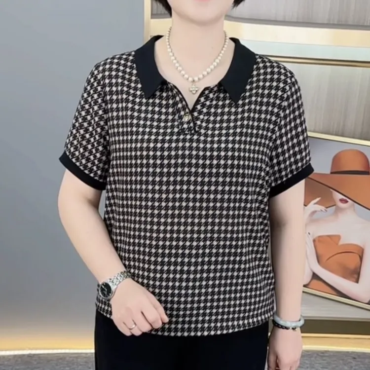 夏季新款精致翻领气质妈妈装宽松显瘦百搭休闲薄款短袖上衣H703