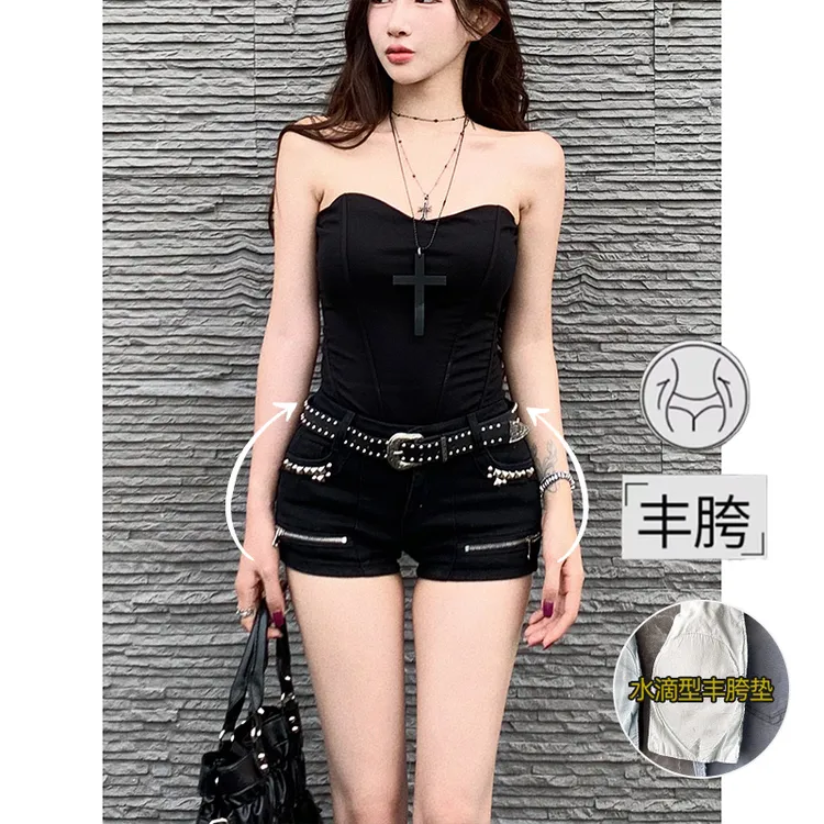 个性低腰丰胯牛仔短裤女2025年秋季新款弹力显瘦辣妹黑色铆钉热裤