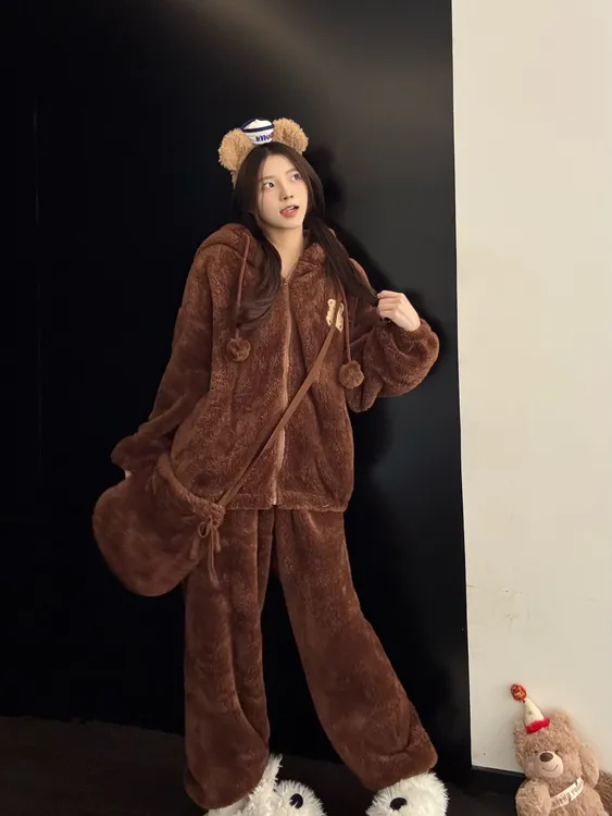 【DMXJ大梦想家】韩系卡通小熊连帽珊瑚绒睡衣女冬可外穿家居服套装