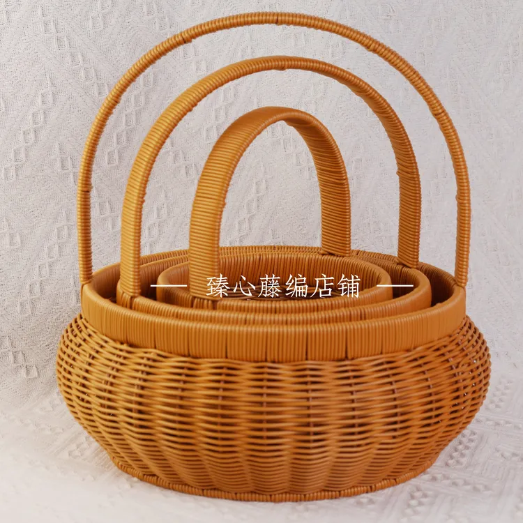 TY11棕色】新款圆形手提篮购物篮水果采摘草莓篮鸡蛋篮pp仿藤