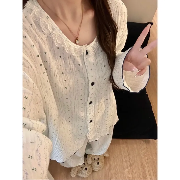 韩版碎花纯棉纱布睡衣女春秋甜美花边圆领长袖长裤春季套装家居服