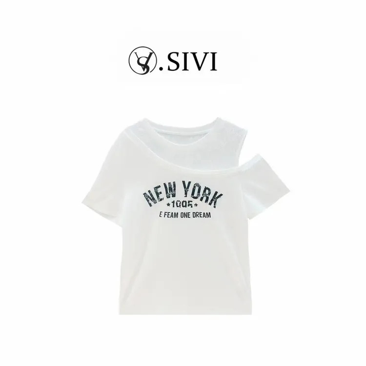 熙薇【露肩风尚】2025夏季新款休闲潮流轻奢韩版百搭T恤上衣 L5021