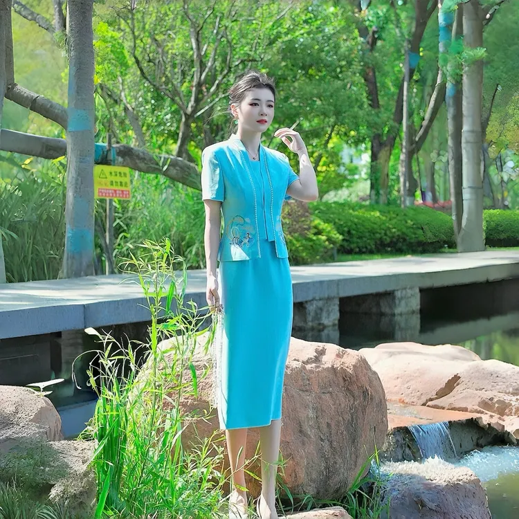 蓝羽凤笙-2025夏季中式国风刺绣浅蓝色小外套+连衣裙套装女-88043