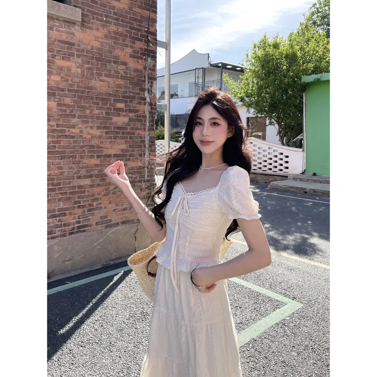 邱肉瑶「白茶清欢」夏季法式刺绣提花上衣半身裙套装气质蕾丝仙气