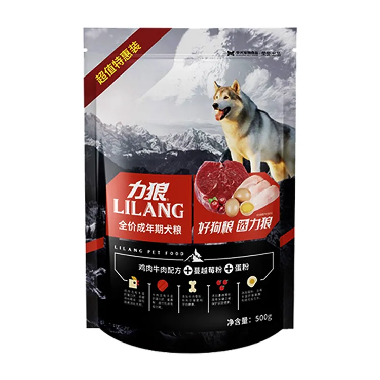 力狼全价成年期犬粮，鲜鸡肉鲜牛肉配方，添加蔓越莓粉，添加蛋粉。