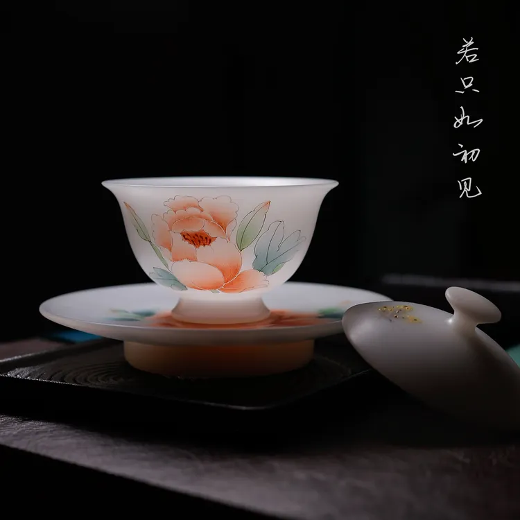 陶然甄选/璞玉素烧/手绘牡丹茶具/大号三才盖碗/110ml/支持定制