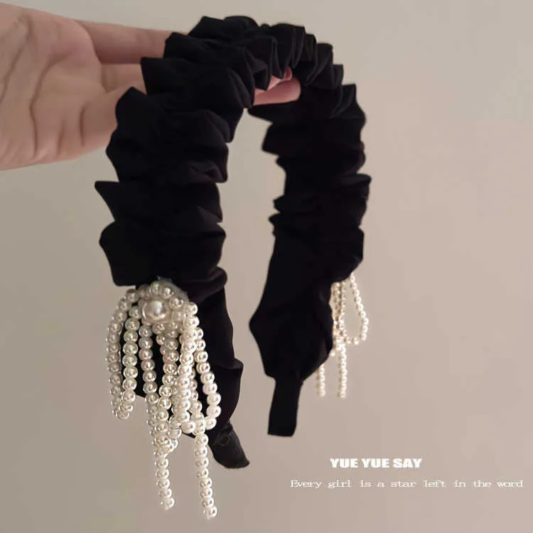 曰曰SAY 轻奢高级黑色褶皱蝴蝶结珍珠流苏发箍法式高颅顶头箍发卡
