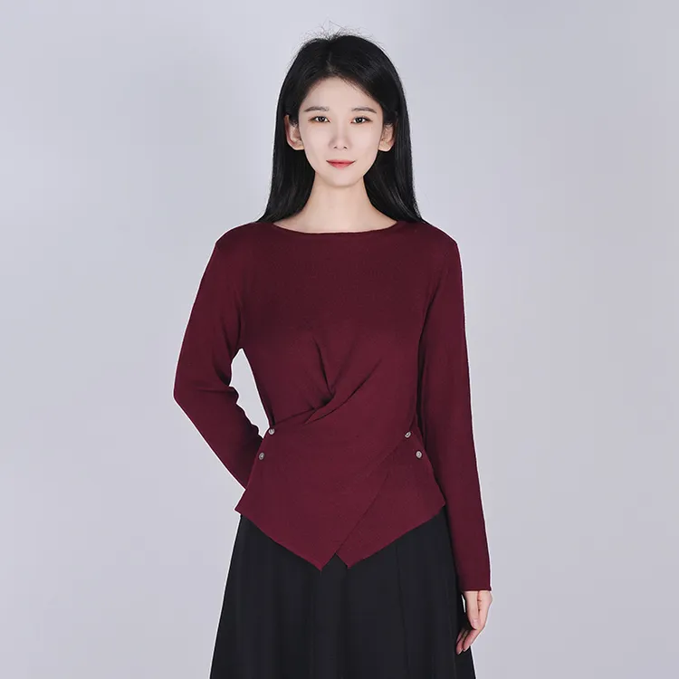 浒城古娘百搭时尚简约设计优雅长袖轻熟风套头针织衫WH05007027