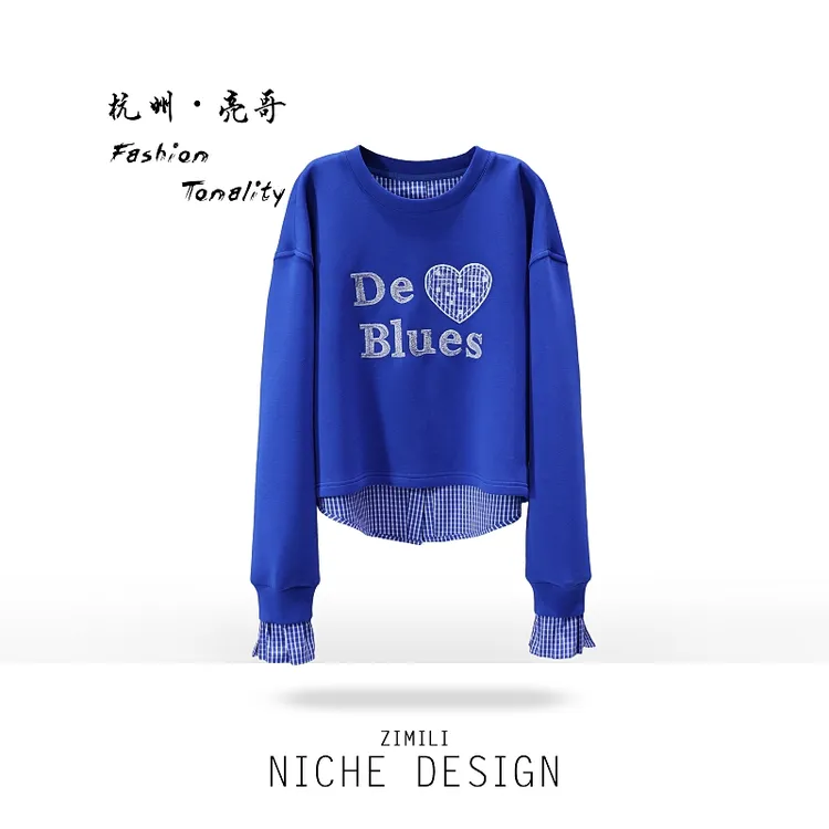 【亮哥欧货女装】2026春季《绣线贴布》克莱因蓝拼接衬衫卫衣26799