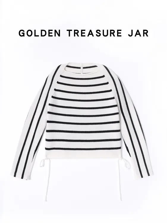 黑白条纹羊毛针织衫一字肩短款女装秋冬