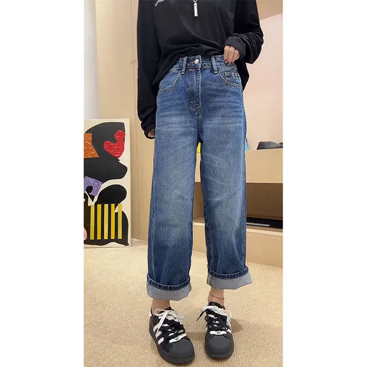 2025早秋新款洋气直筒法棍裤大码女装高腰显瘦宽松遮肉九分牛仔裤