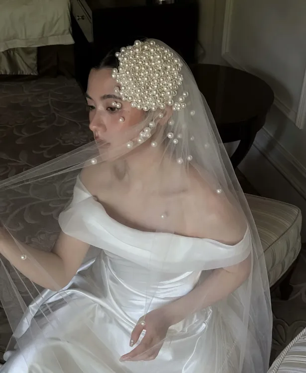 康康大课妆造新娘同款珍珠流苏头纱婚礼白色结婚复古清冷小众高级