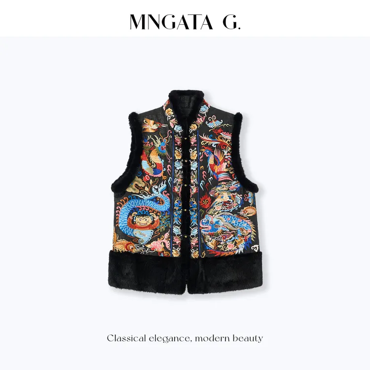 MNGATA G.宫小妍【水貂毛·龙凤和鸣】香云纱新中式加棉马甲5120503