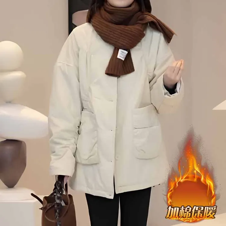 韩版宽松休闲中长款棉服外套女2025秋冬新款褶皱设计感圆领棉衣潮