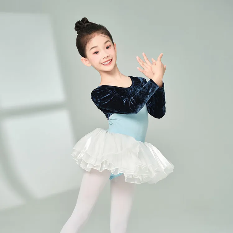 儿童舞蹈服女秋冬长袖芭蕾练功服拼绒撞色连体服金砖绒考级连体裙