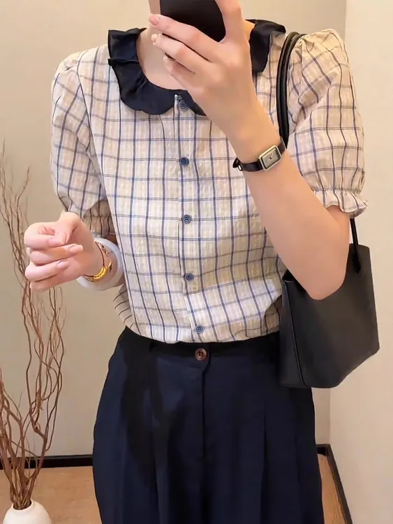 韩版设计感撞色格子娃娃领衬衫女2025夏季新款时尚减龄短袖上衣潮
