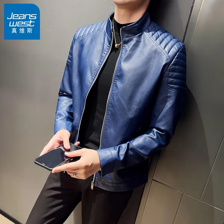 真维斯Jeanswest/男士韩版休闲皮衣蓝色时尚百搭皮夹克春秋季外套
