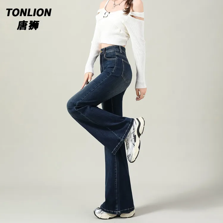 唐狮辣妹简约高街复古秋季修身显瘦韩版百搭喇叭裤长裤遮肉牛仔裤