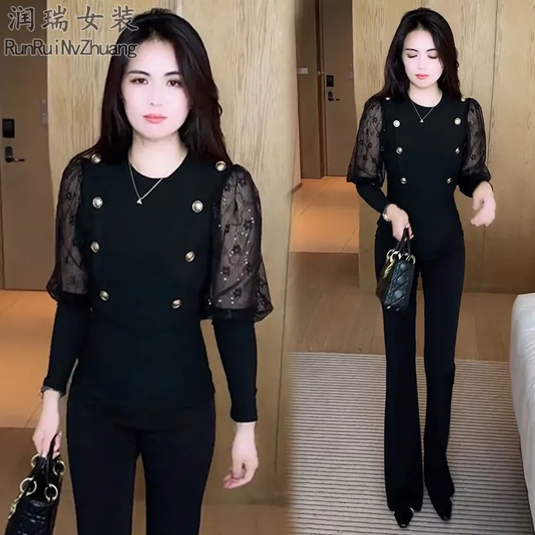 欧美风时尚套装女2025秋季新款轻熟风设计感长袖高腰微喇裤两件套