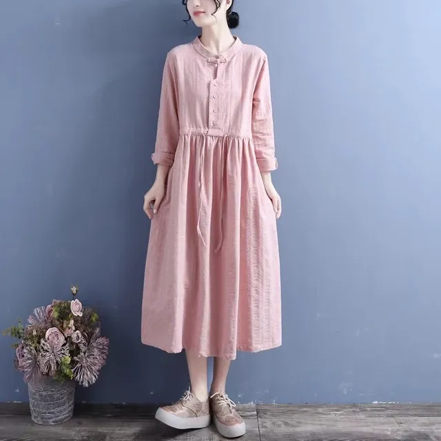 棉麻连衣裙女2025春秋文艺范新中式盘扣长袖衬衣裙系带收腰长裙子