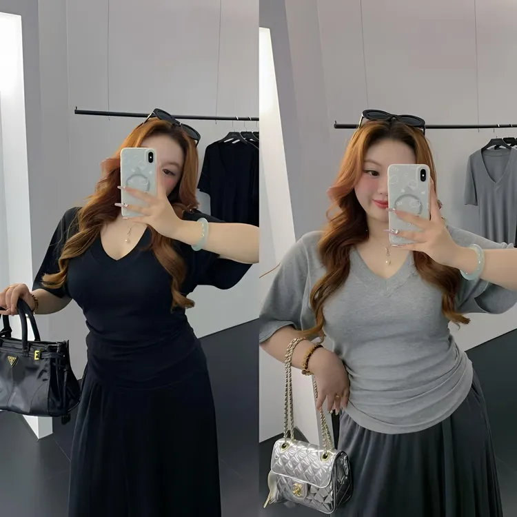 慧芝huizhi 10555v领女人T 定制款 弹力大收腰蝙蝠袖显瘦半袖T恤