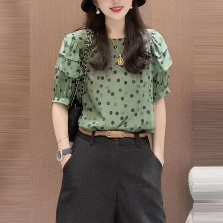 夏季新款上衣高级感设计圆领波点衬衫轻薄韩版修身洋气漂亮小衫女