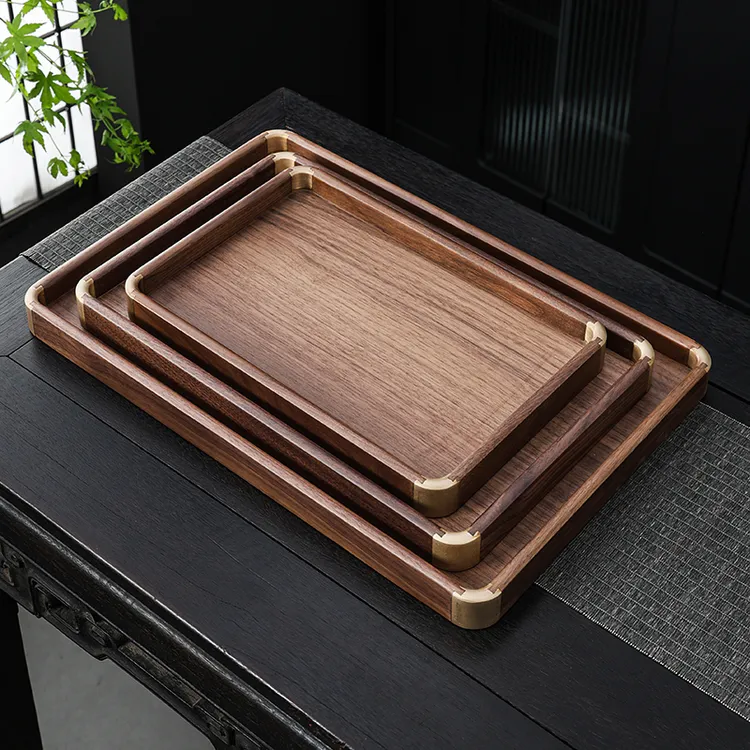 胡桃木茶盘家用托盘木质家用长方形收纳盘茶具镶铜角花梨实木盘子
