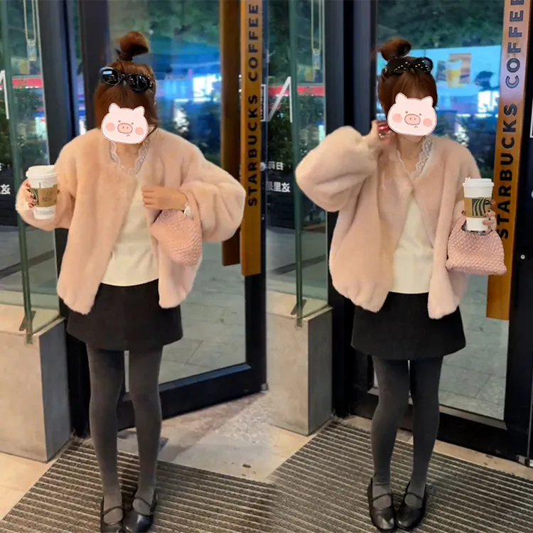 秋冬新款韩系V领慵懒宽松保暖毛毛外套简约百搭显瘦半身裙两件套