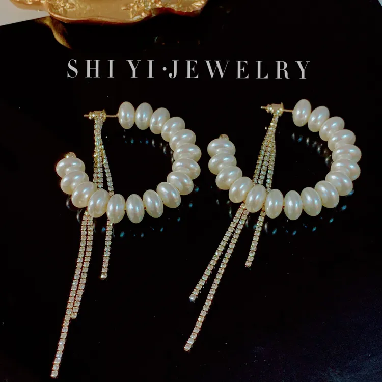 铜合金仿珍珠耳饰 S.Y【耳畔圆舞曲】欧美夸张珠珠流苏两戴耳环气质