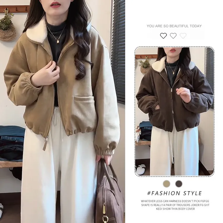 韩版休闲毛毛翻领外套女2025秋冬季新款宽松显瘦加厚保暖夹克上衣