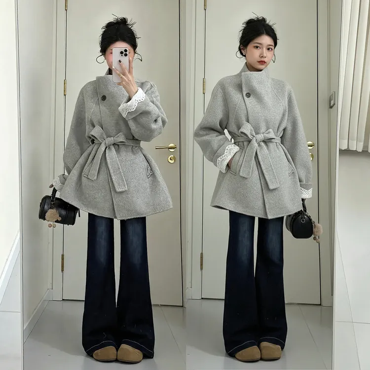 2025秋冬韩系高级感灰色系带收腰显瘦毛呢外套搭配牛仔裤两件套潮