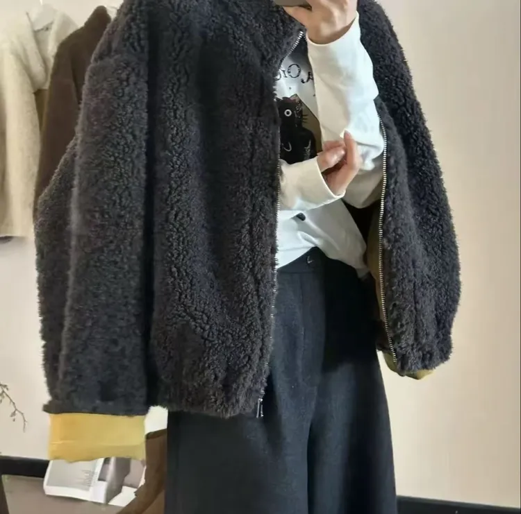 韩系立领仿羊羔毛皮毛一体短款外套女2025秋冬新宽松显瘦减龄上衣