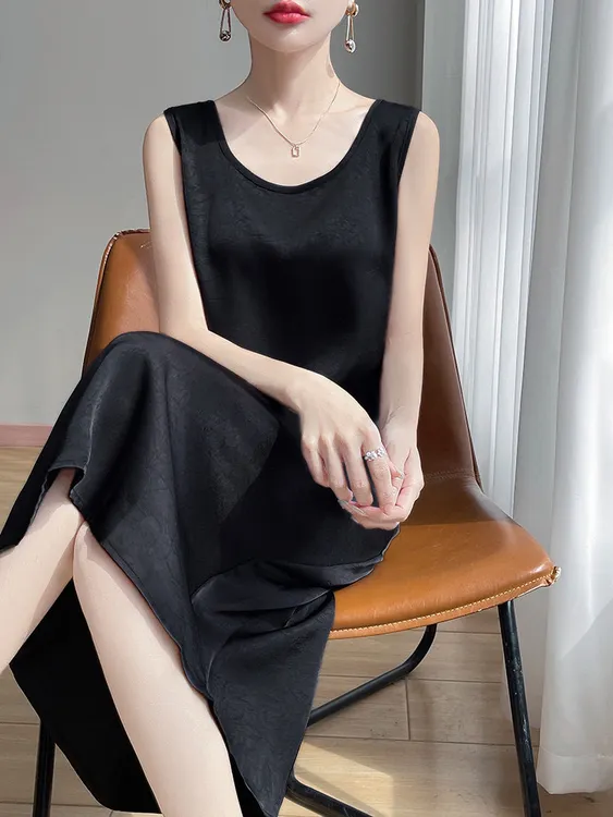法式优雅缎面连衣裙圆领无袖宽松背心裙气质显瘦打底长裙
