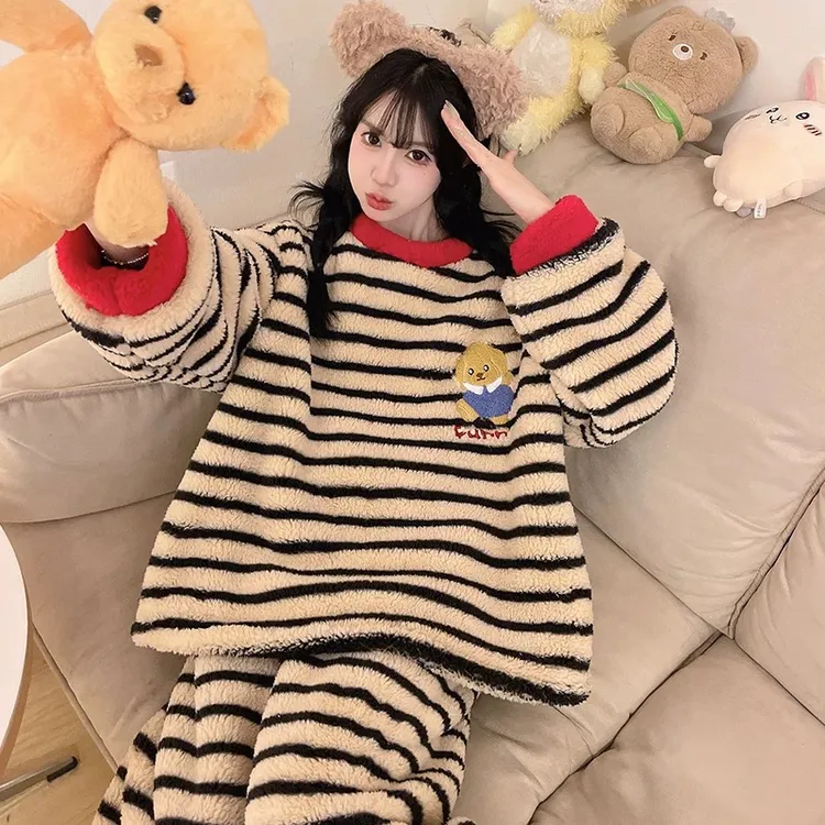 珊瑚绒睡衣女秋冬季2025新款加厚卡通条纹小熊大童女孩初中生12岁