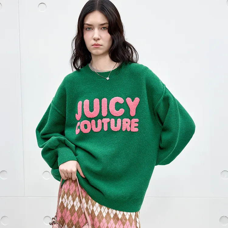 Juicy Couture橘滋菠萝针肌理撞色提花宽松灯笼袖毛衣女