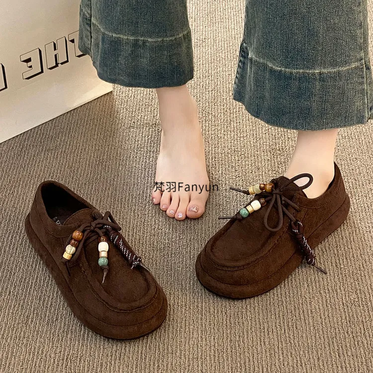 厚底乐福鞋女2025秋季新款全包软底小皮鞋复古串珠低帮袋鼠勃肯鞋