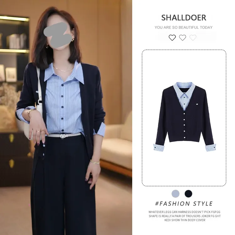 假两件拼接翻领针织开衫女2025春秋新款打底时尚减龄显瘦长袖上衣
