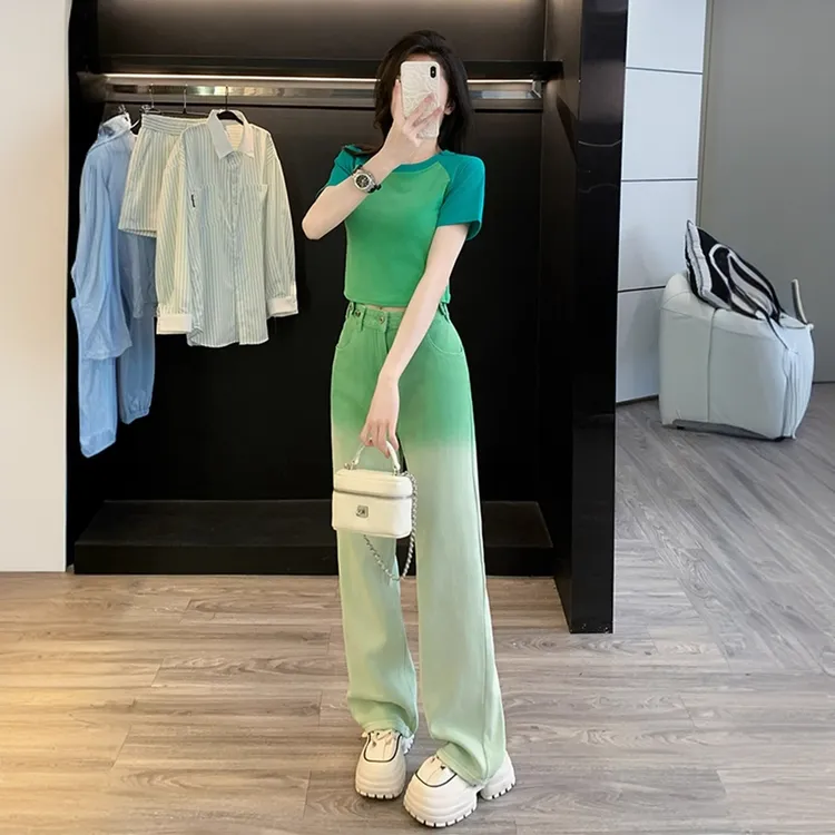 多巴胺休闲时尚运动套装女夏季炸街绿色短袖渐变牛仔阔腿裤两件套