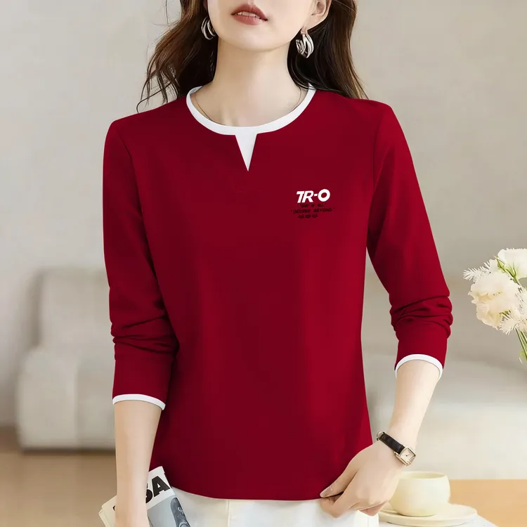秋季新款纯棉长袖T恤衫拼接假两件小v领设计时尚百搭显瘦圆领上衣