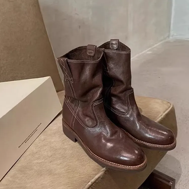 超软羊皮~复古机车切尔西短靴女套筒粗跟西部牛仔马丁靴短筒V口