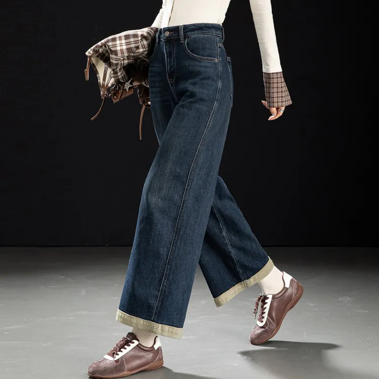 复古深蓝阔腿牛仔裤女秋冬新款抓毛植绒窄版直筒裤女小个子九分裤