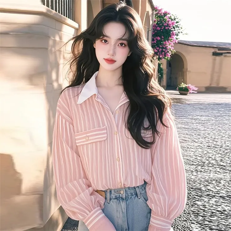 韩系简约条纹POLO领气质衬衫女2025春季新款通勤小众百搭休闲上衣