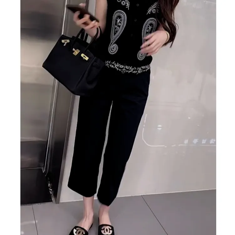 黑色直筒休闲裤女夏季薄款大码高腰弹力西装裤显瘦九分烟管裤子