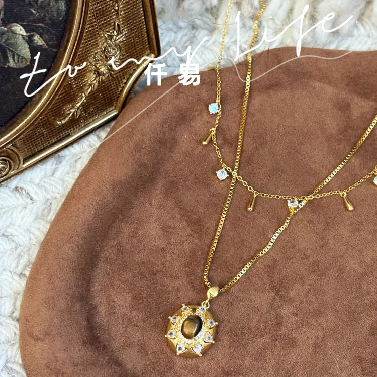 合金锆石项链 【仟易】秋冬新品 轻奢小众锆石虎眼复古风项链吊坠