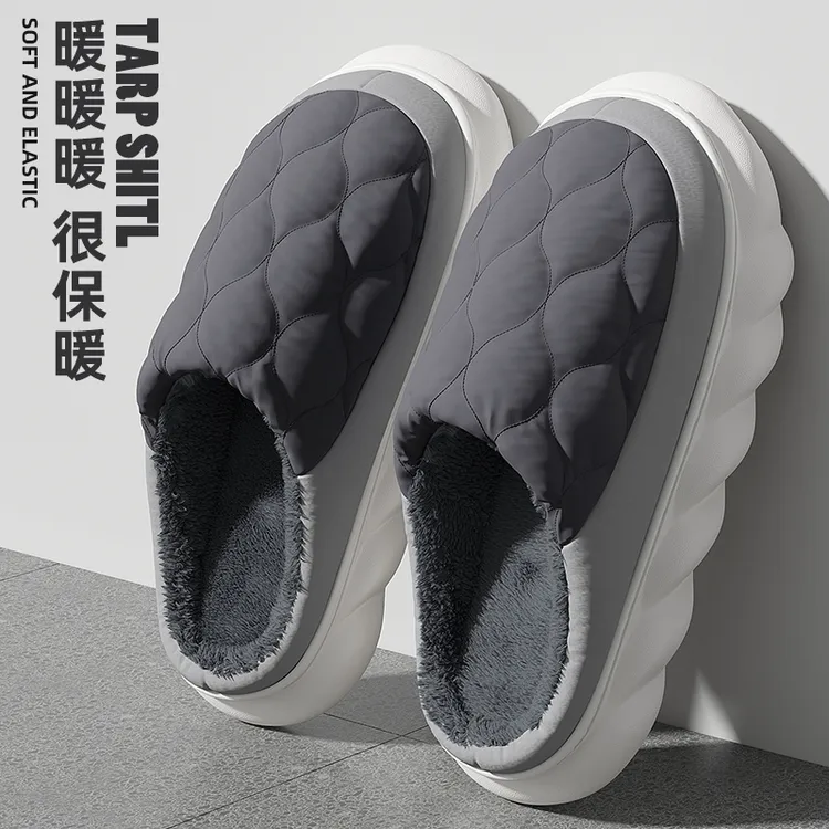红豆羽绒布棉拖鞋防水男款毛绒保暖秋冬通用新款室内家居拖鞋女士